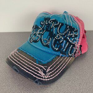 True Religion Blue Pink Distressed Trucker Hat